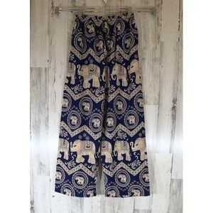 Blue Cream Elephant Print Pants Wide Leg Hippie Ethnic Flowy Boho Bohemian